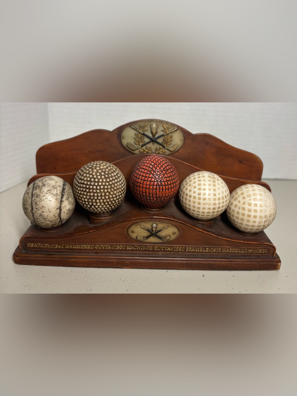 Vintage Golf Ball Evolution Display Desktop Organizer Letter Holder Collectible